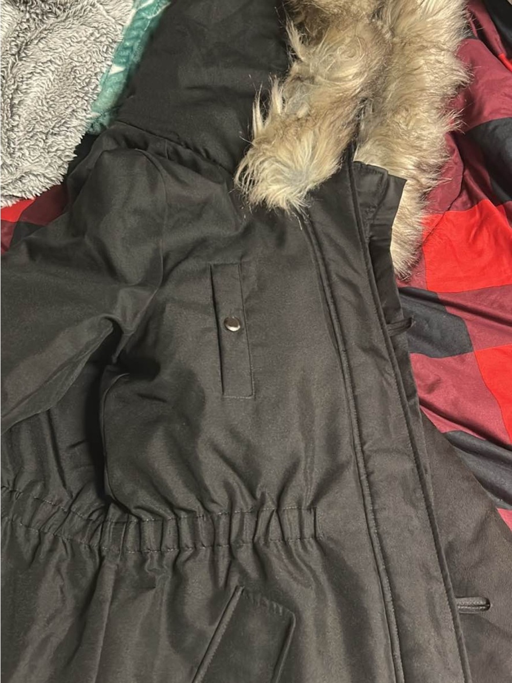 Eclipse Women's Black Trench Coat with Faux-Fur Trimmed Hood